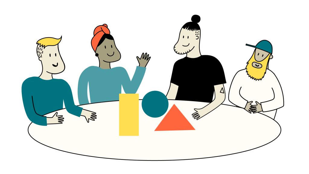Illustration: Kita-Leitung und Fachkräfte sitzen gemeinsam an einem Tisch vor bunten geometrischen Objekten.