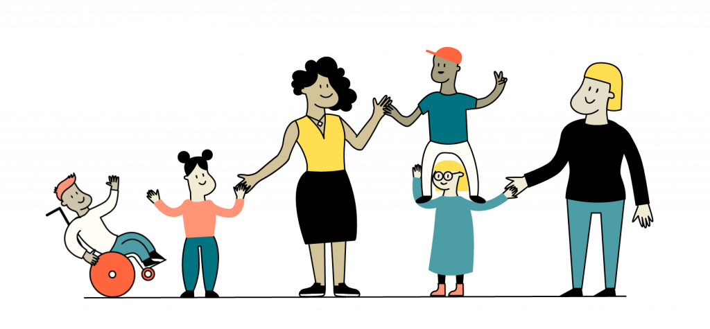 Illustration: Kita-Leitung mit Kindern mit und ohne Behinderung und einer Fachkraft halten sich gegenseitig an der Hand.