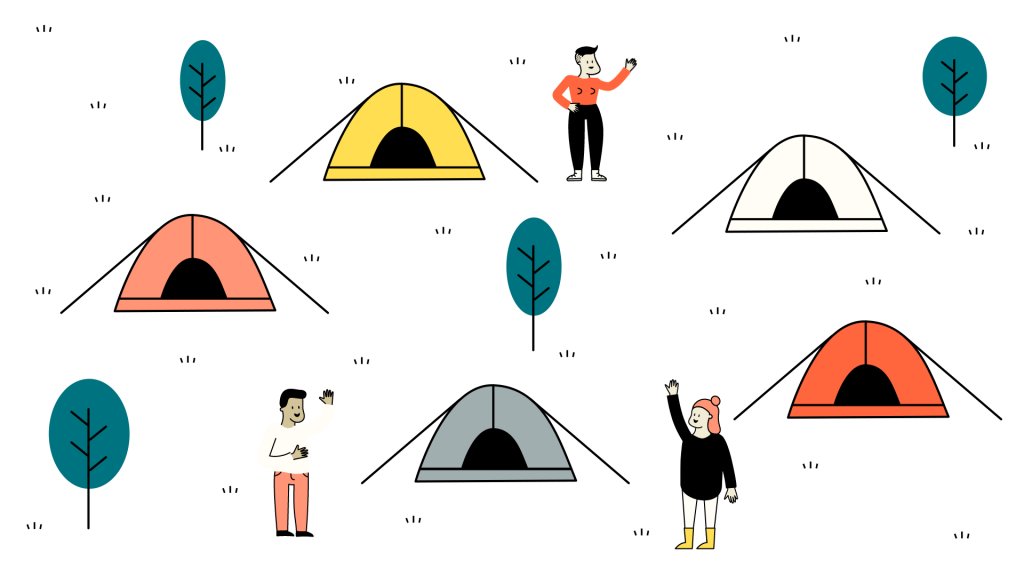 Illustration: Zelte in verschiedenen Farben, dazwischen Menschen, die sich zuwinken.
